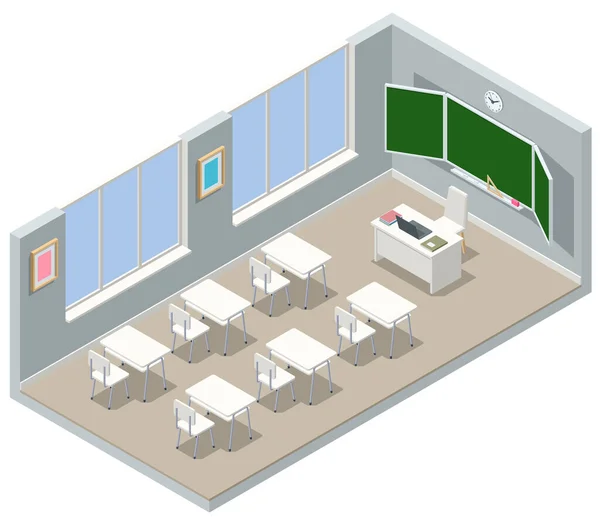 Isometrisch leeres Klassenzimmer. Bildung. Klassenzimmer-Design mit modernen Schreibtischen, Sitzen und Tafel. Zurück zum Schulkonzept. — Stockvektor