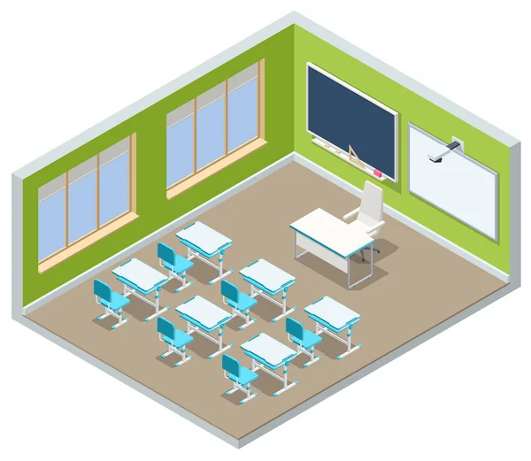 Escola vazia isométrica. Educação. Design de sala de aula com mesas modernas, assentos e quadro-negro. Voltar ao conceito de escola. — Vetor de Stock