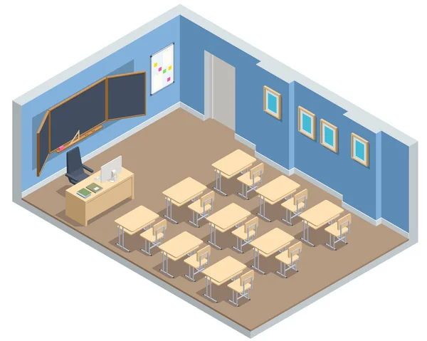 Isometrica aula scolastica vuota. Educazione. Design dell'aula con scrivanie moderne, sedili e lavagna. Concetto di ritorno a scuola. — Vettoriale Stock