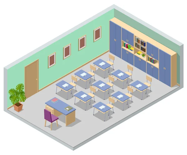 Isometrisch leeres Klassenzimmer. Bildung. Klassenzimmer-Design mit modernen Schreibtischen, Sitzen und Tafel. Zurück zum Schulkonzept. — Stockvektor