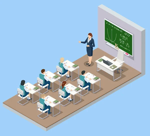 Isometric okul sınıfı. Öğretmenleri sınıfta oturan bir grup öğrenci. Eğitim. Modern masaları, koltukları ve tahtası olan sınıf tasarımı. Okul konseptine dönelim.. — Stok Vektör