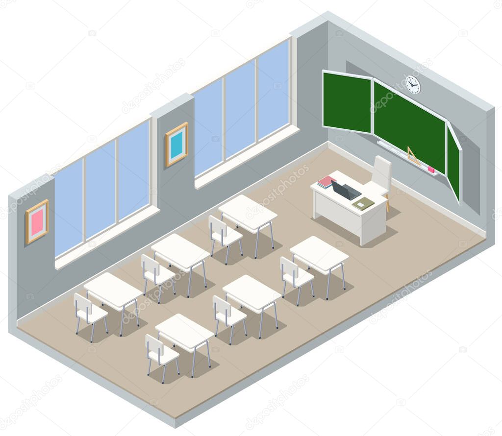Isometric empty school classroom. Education. Classroom design with modern desks, seats and blackboard. Back to school concept.