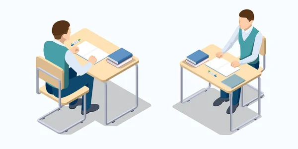 Isometrische schoolbalie en een stoel. Schooljongen aan het bureau. Schooljongen schrijft aan haar bureau. Voorbereiden van het examen of het bestuderen van lessen van het secundair onderwijs. Terug naar schoolconcept. — Stockvector