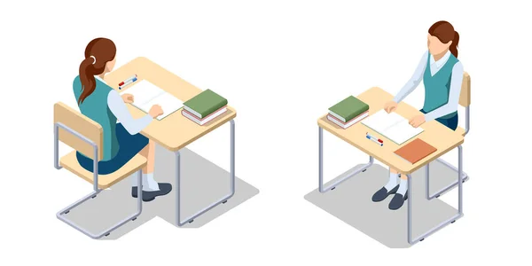Ισομετρική σχολική έδρα και καρέκλα. Η μαθήτρια κάθεται στο γραφείο. Η μαθήτρια γράφει στο γραφείο της. Προετοιμασία για εξετάσεις ή μελέτη μαθημάτων δευτεροβάθμιας εκπαίδευσης. Επιστροφή στο σχολείο έννοια — Διανυσματικό Αρχείο