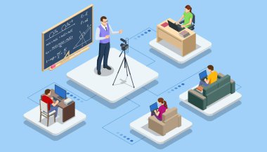Öğrenci ve Üniversite Konsepti için Isometric E-öğrenme ve Çevrimiçi Eğitim. Webinar, Dijital Sınıflar, Çevrimiçi Öğretim Metaforları.