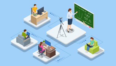 Öğrenci ve Üniversite Konsepti için Isometric E-öğrenme ve Çevrimiçi Eğitim. Webinar, Dijital Sınıflar, Çevrimiçi Öğretim Metaforları.