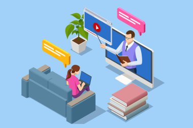 Öğrenci ve Üniversite Konsepti için Isometric E-öğrenme ve Çevrimiçi Eğitim. Webinar, Dijital Sınıflar, Çevrimiçi Öğretim Metaforları.