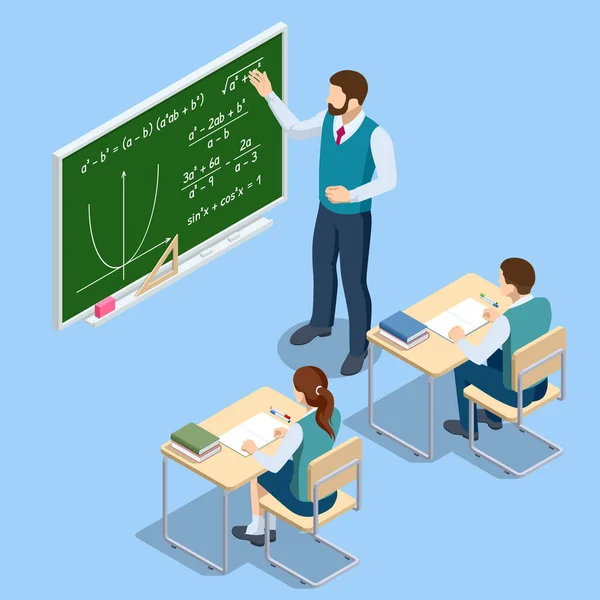 Isometric concept of math and geometry lesson, studying. Personalised learning. E-learning, online education. Algebra, geometry, statistics, basic maths. — Stock Vector