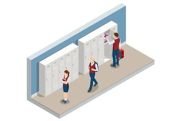 Cacifos escolares isométricos isolados em fundo branco. Estudante na escola no cacifo. Armário de metal branco escola com portas abertas. —  Vetores de Stock