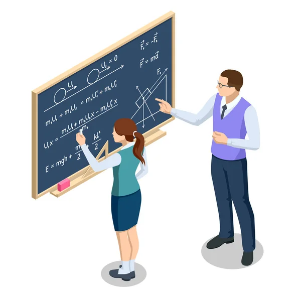 Concept isométrique de leçon de physique. Physique matière d'école. Écolière est debout près du tableau noir et la réponse sur la tâche dans la salle de classe. — Image vectorielle