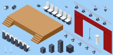 Basın toplantısı düzenleyicisi için yer var. Isometric, mikrofonlu basın konferansı için, hoparlör için donanımlı yer, sahne ışıkları, podyum, ödül, spot ışığı, kaide