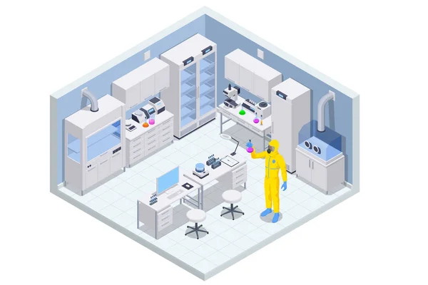 Isometriskt kemiskt laboratorium. Laboratorieassistenter arbetar med vetenskapliga medicinska kemiska eller biologiska experiment. — Stock vektor