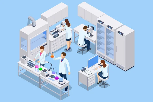 Isometric chemical laboratory concept. Laboratory assistants work in scientific medical chemical or biological lab setting experiments. — Stock Vector