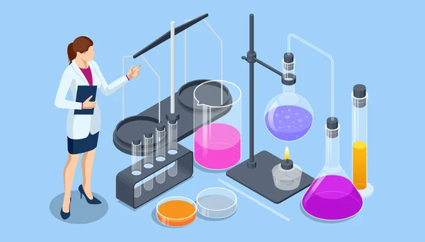 Isometriskt kemiskt laboratorium. Laboratorieassistenter arbetar med vetenskapliga medicinska kemiska eller biologiska experiment. — Stock vektor