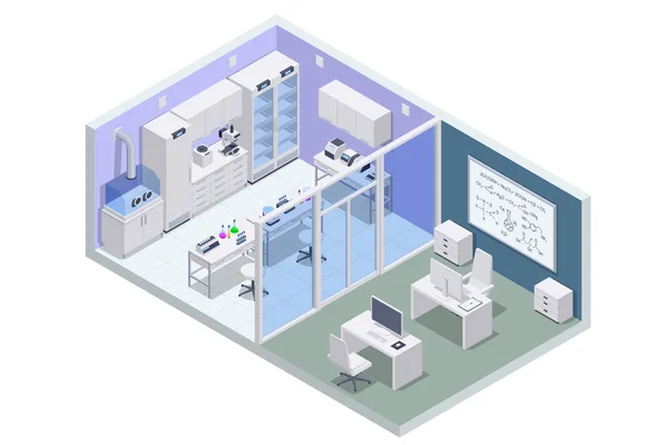 Izometrikus kémiai laboratóriumi koncepció. Laboratóriumi asszisztensek dolgoznak tudományos orvosi kémiai vagy biológiai laboratóriumi beállítások kísérletek. — Stock Vector