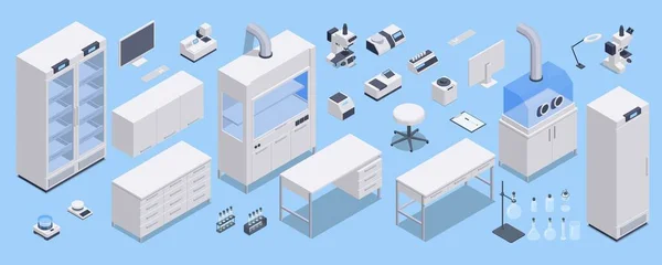 Isometric set equipments of scientist chemical laboratory. Various furniture, interior, support stand, shelf, flask, jars, bottles with liquid, dropper, test tubes, microscope, magnifier. — Stock Vector