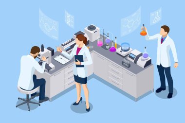 İzometrik kimya laboratuarı konsepti. Laboratuvar asistanları bilimsel tıbbi kimya veya biyolojik laboratuvar kurma deneylerinde çalışırlar. Laboratuvar teşhisi