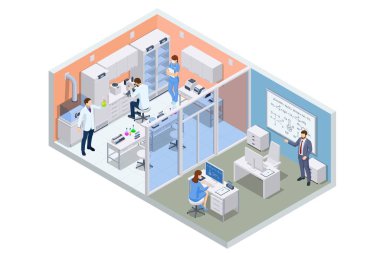 İzometrik kimya laboratuarı konsepti. Laboratuvar asistanları bilimsel tıbbi kimya veya biyolojik laboratuvar kurma deneylerinde çalışırlar. Laboratuvar teşhisi
