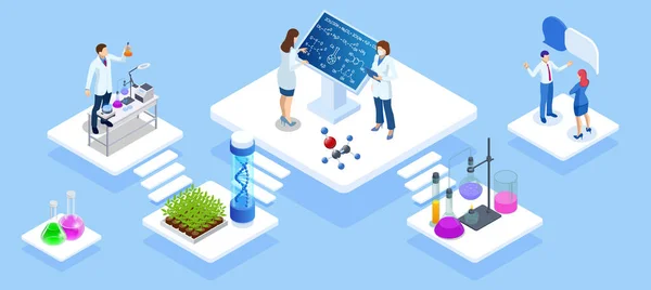 Izometrická chemická laboratoř. Laboratoř molekulární biologie. V laboratoři může být prováděn vědecký nebo technologický výzkum, experimenty a měření. — Stockový vektor