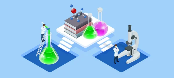 Concepto de Laboratorio Químico Isométrico. Molecular Biology Technics Laboratory. En un laboratorio de investigación científica o tecnológica, se pueden realizar experimentos y mediciones. — Archivo Imágenes Vectoriales