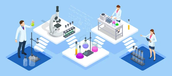Ισομετρική χημική εργαστηριακή έννοια. Εργαστήριο Μοριακής Βιολογίας. Σε εργαστηριακή επιστημονική ή τεχνολογική έρευνα, μπορούν να διεξάγονται πειράματα και μετρήσεις.. — Διανυσματικό Αρχείο