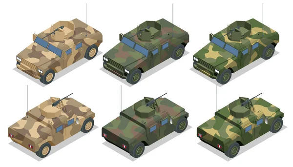 Isometrische militaire terreinwagen. Gepantserde infanterie voertuig. Zware vrachtwagens, terreinwagens. Gepantserde auto geïsoleerd op een witte achtergrond — Stockvector