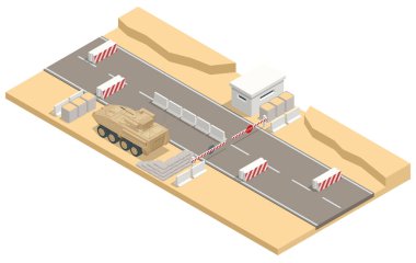Yollara, kontrol noktalarına, askeri bariyerlere Isometric askeri barikat