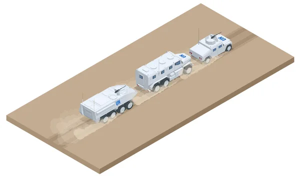 Columna isométrica de equipos militares paseos en la carretera. Vehículo militar militar aislado camión pesado militar sobre fondo blanco — Vector de stock