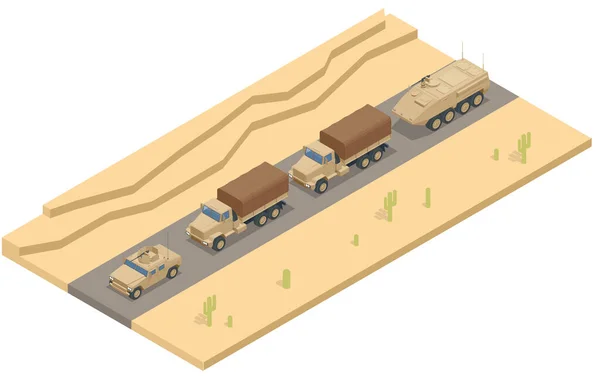 Изометрическая колонна военной техники едет по дороге. Автомобиль военной армии изолированный военный тяжелый грузовик на белом фоне — стоковый вектор