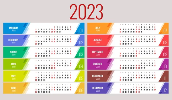 Планувальник календарів для 2023. Шаблон календаря для 2023. Шаблон друку дизайну канцелярських приладів. Тиждень починається у неділю . — стоковий вектор