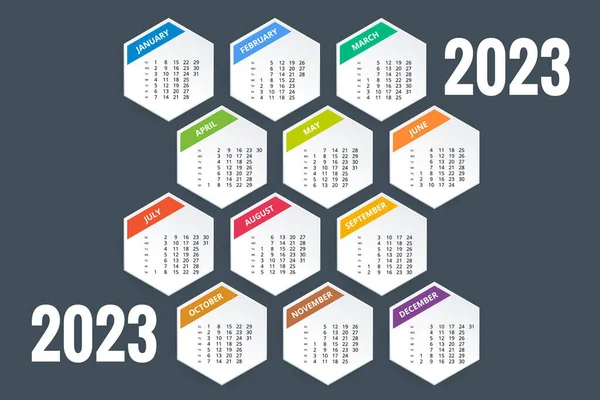 Planificador de calendario para 2023. Plantilla de calendario para 2023. Plantilla de impresión de diseño de papelería. La semana comienza el domingo. — Vector de stock