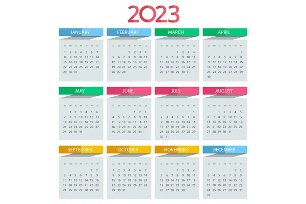 Planificador de calendario para 2023. Plantilla de calendario para 2023. Plantilla de impresión de diseño de papelería. La semana comienza el domingo. — Vector de stock