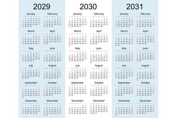 Планувальник календарів 2029, 2030, 2031. Шаблон планування корпоративного дизайну. Тиждень починається у неділю — стоковий вектор