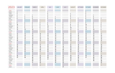 2023 takvim planlayıcısı. 2023 takvim şablonu. Şirket ve iş takvimi. Kağıt Tasarım Yazdırma Şablonu. Hafta Pazar günü başlıyor..