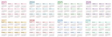 Takvim Planlayıcı 2023, 2024, 2025, 2026, 2027, 2028, 2029, 2030. Takvim şeması. Yazdırma Şablonu. Hafta Pazar günü başlıyor.