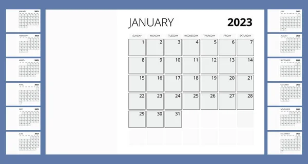 Планувальник календарів для 2023. Шаблон календаря для 2023. Корпоративний та діловий календар. Шаблон друку дизайну канцелярських приладів. Тиждень починається у неділю . — стоковий вектор