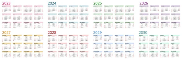 ผู้วางแผนปฏิทิน 2023, 2024, 2025, 2026, 2027, 2028, 2029, 2030 รูปแบบปฏิทิน ออกแบบแม่แบบการพิมพ์ สัปดาห์เริ่มต้นในวันอาทิตย์ — ภาพเวกเตอร์สต็อก