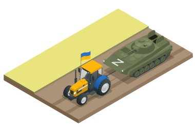 Ukrayna bayrağı taşıyan Isome traktörü Rus BMP veya tankı çekiyor. Savaşta Ukraynalı. Saldırgan olan Rusya..