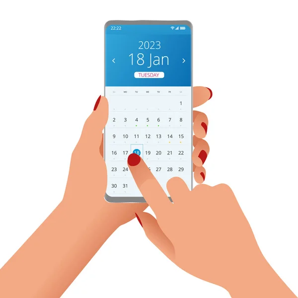 2023 ημερολόγιο κατόπιν αιτήσεως. Γυναίκα κρατώντας με smartphone 2023 ημερολόγιο app — Διανυσματικό Αρχείο