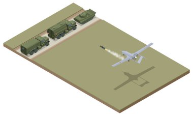 Isometric insansız hava aracı. Orta-irtifa uzun-dayanıklı MALE insansız savaş aracı UCAV uzaktan kumandalı veya otonom uçuş işlemleri yapabilir..