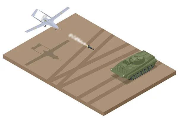Isometrische onbemande gevechtsvliegtuigen. Long-endurance MALE onbemand gevechtsvoertuig op middellange hoogte, UCAV, geschikt voor op afstand bediende of autonome vluchtuitvoeringen. — Stockvector