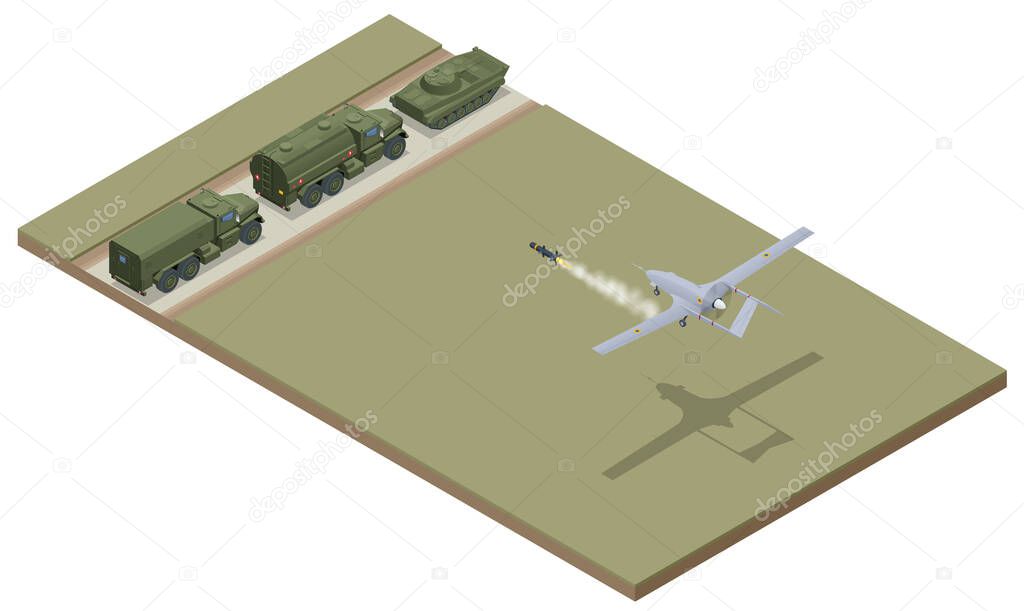 Isometric Unmanned combat aerial vehicle. Medium-altitude long-endurance MALE unmanned combat aerial vehicle UCAV capable of remotely controlled or autonomous flight operations.