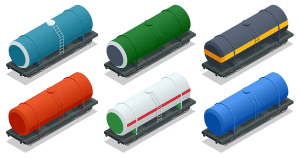 Isometrische tankwagen voor spoorolie. Vrachtvervoer door de lucht. Spoorwegtank voor brandstof. Goederenvervoer per spoor. Spoorwegtank voor het vervoer van aardolieproducten. — Stockvector