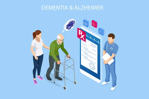 Isometrische Alzheimer, Alzheimer symptomen. Alzheimer is een vorm van dementie die het geheugen, denken en gedrag beïnvloedt. — Stockvector