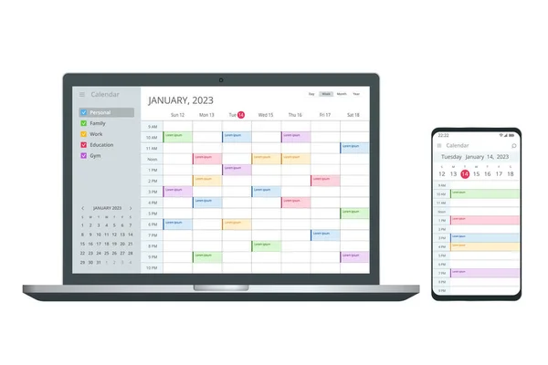 Calendário Planner Organização Gestão. Nomeação de evento de calendário eletrônico digital na tela — Vetor de Stock