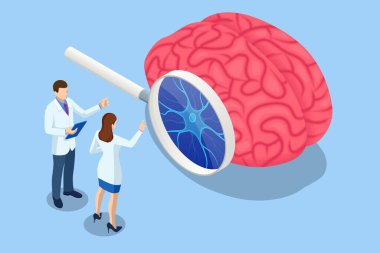 Isometric nöroloji, kavrayış, nöronal ağ, psikoloji, nörobilim. Beyindeki nöronlar. Tıbbi Araştırma Mikroskobu. Sinaps ve nöron hücreleri elektriksel kimyasal sinyaller gönderiyor.