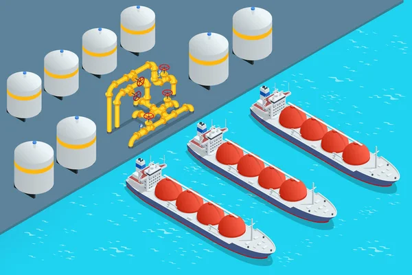 Isometric Tanker loading Liquefied Natural Gas at trading terminal. Transportation, delivery, transit of natural gas — Vetor de Stock