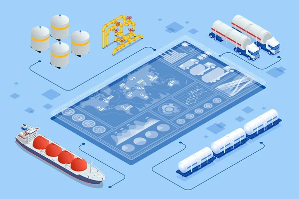 Isometric Tanker, Ticaret Terminalinde Sıvılaştırılmış Doğal Gaz yüklüyor. Ulaşım, teslimat, doğal gaz transferi