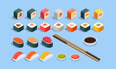 Somonlu Isometric Sushi Rolls, Avokado, Krem Peynir. Deniz ürünleri seti beyaz arka planda izole edilmiş Rolls Royce. Suşi Menüsü. Japon Yemekleri.