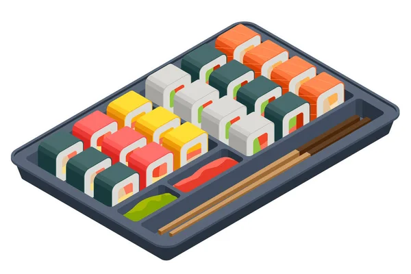 Isometric Sushi Rolls with Salmon, Avocado, Cream Cheese. Seafood Set Isolated Rolls on White Background. Sushi Menu. Japanese Food. — Vector de stock